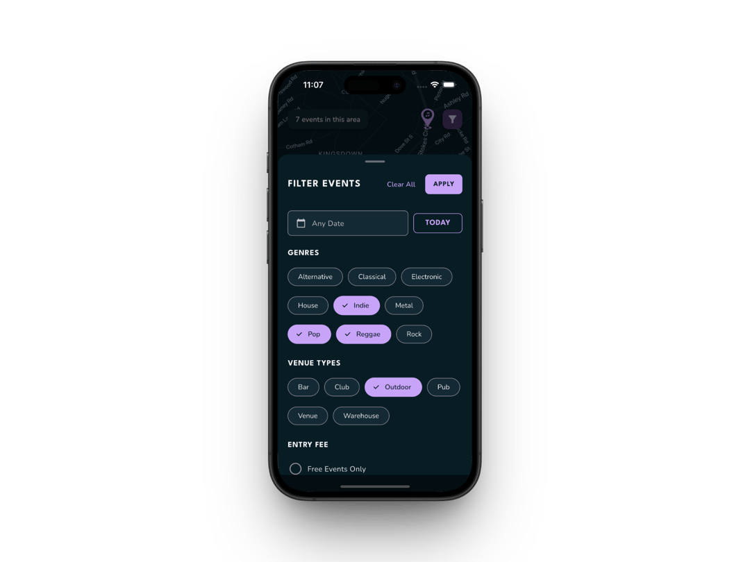 OninFive filters screen with options for genre, date, and event preferences