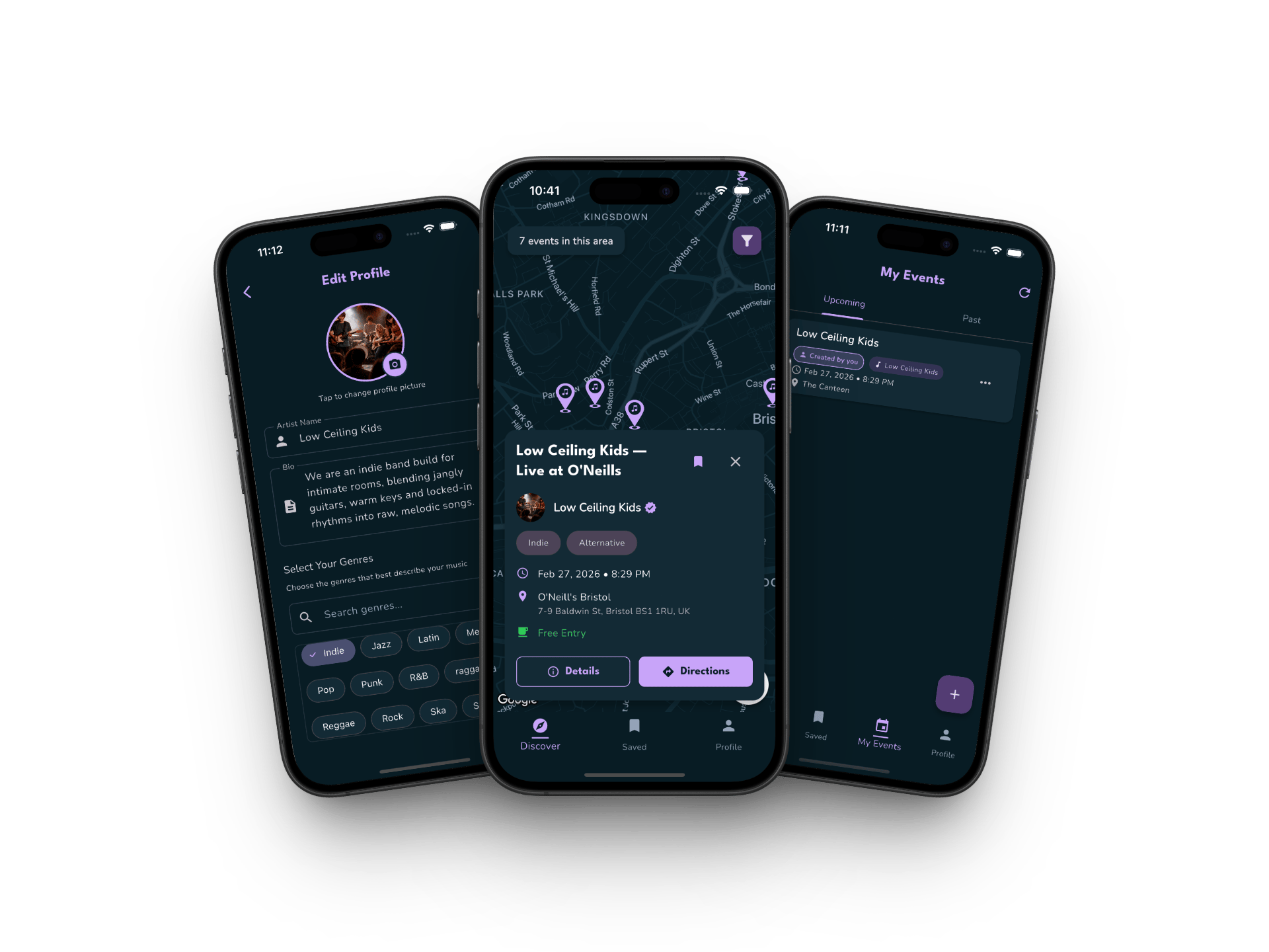 OninFive artist features showcasing profile, event creation, and gig management across multiple screens