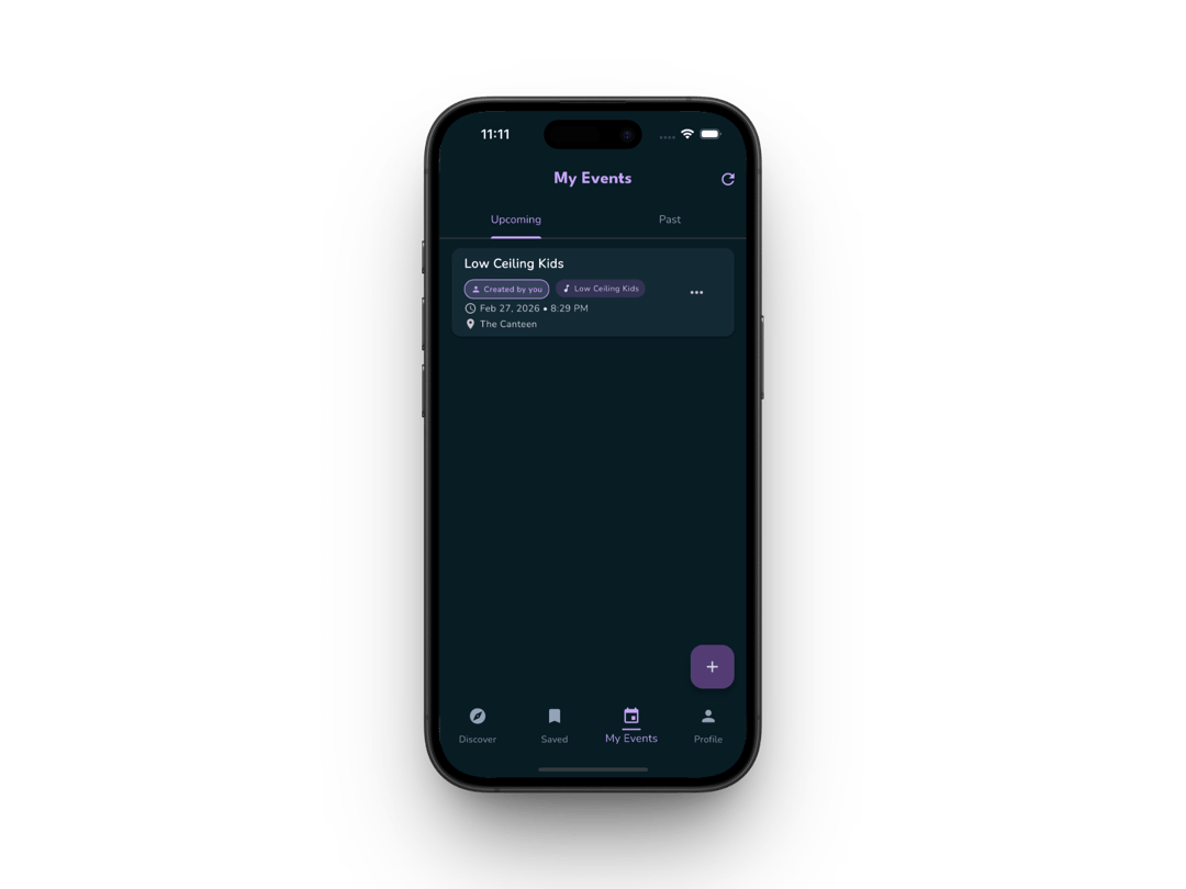 Artist events feed showing upcoming and past gigs
