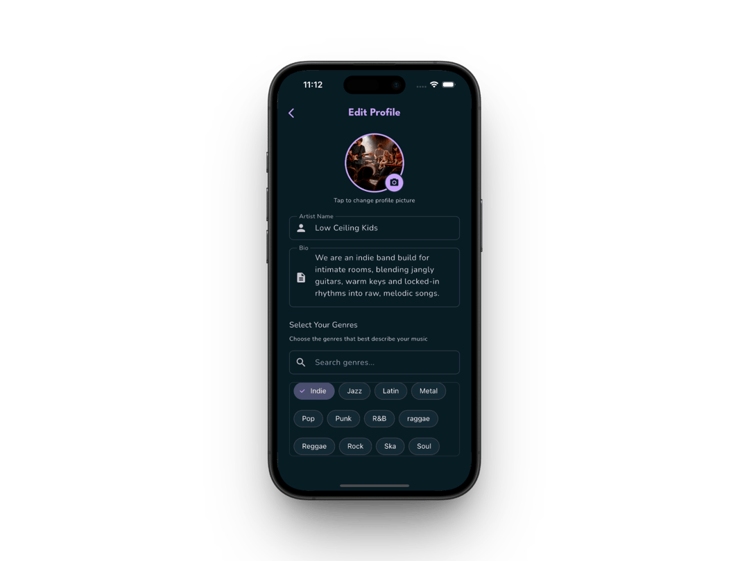 Edit profile screen for building your artist bio, genres, and links