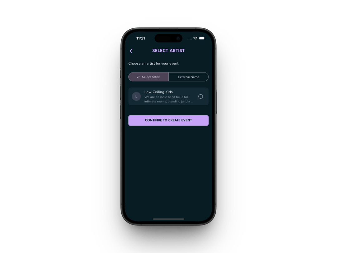 Create events for managed artists with auto-fill and venue lookup
