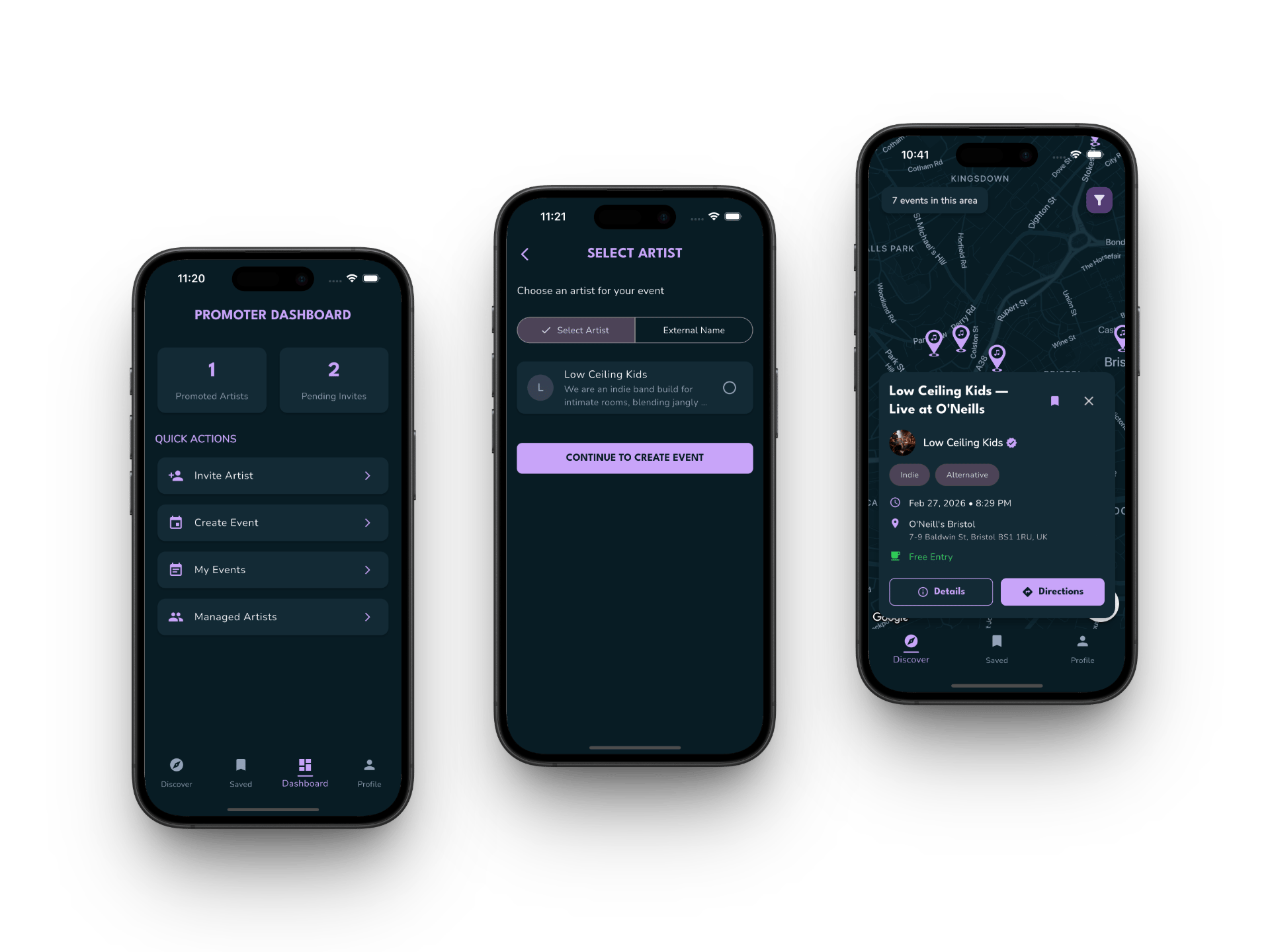 OninFive promoter features showcasing dashboard, artist management, and event publishing across multiple screens