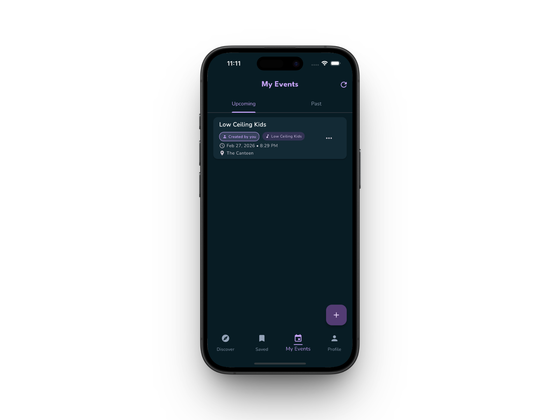 Artist events feed showing upcoming and past gigs