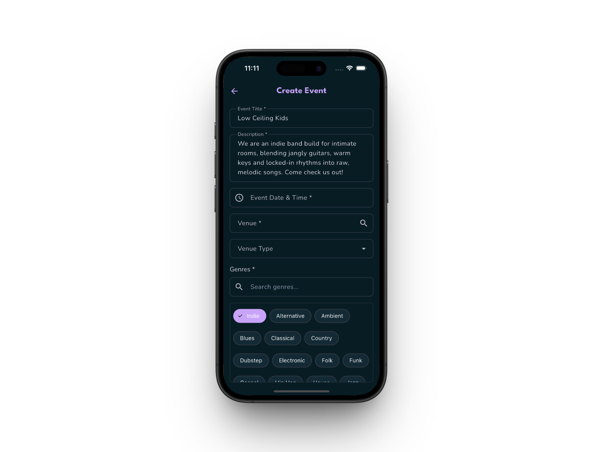 Create events screen letting artists publish gigs quickly