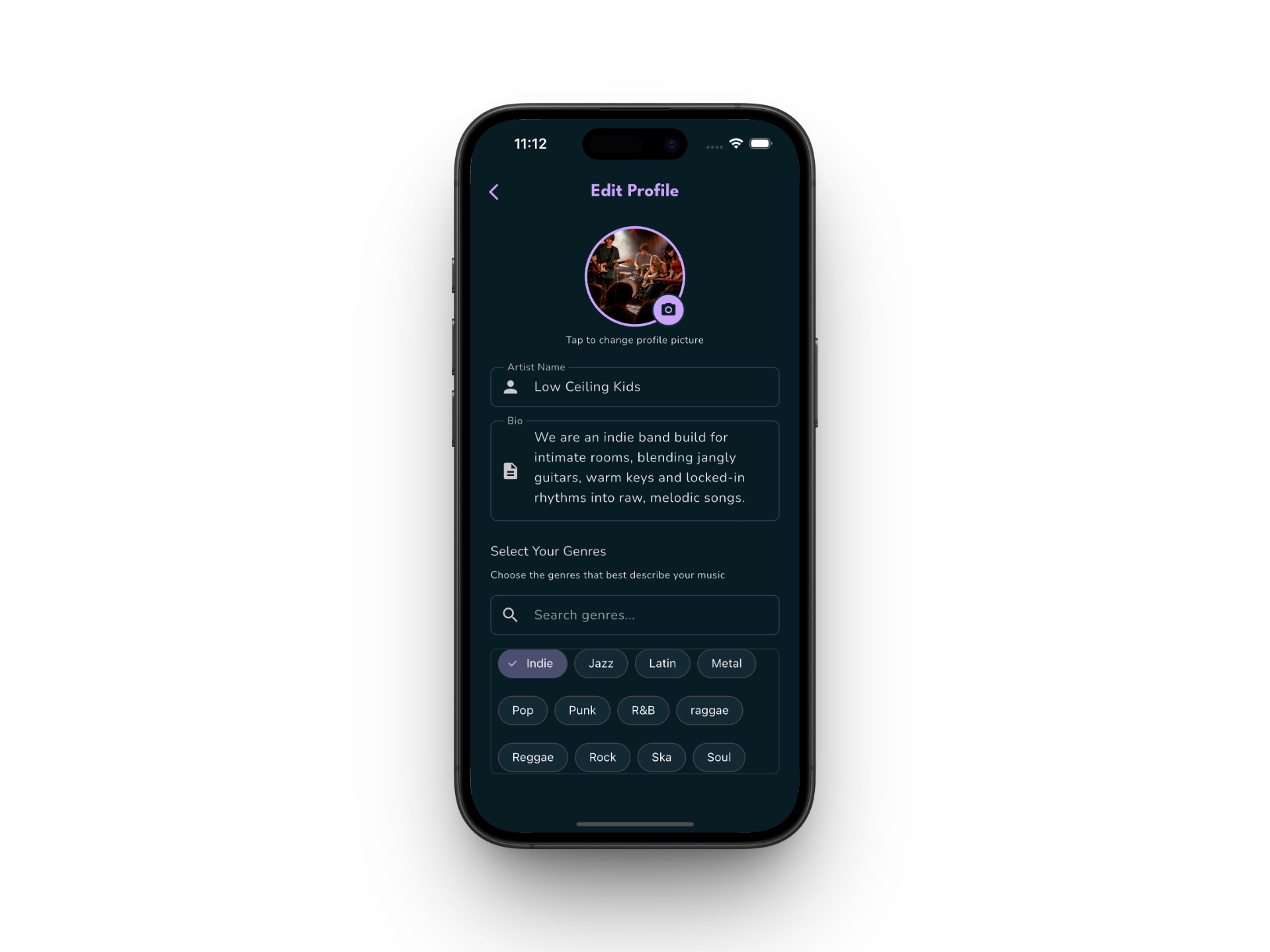 Edit profile screen for building your artist bio, genres, and links
