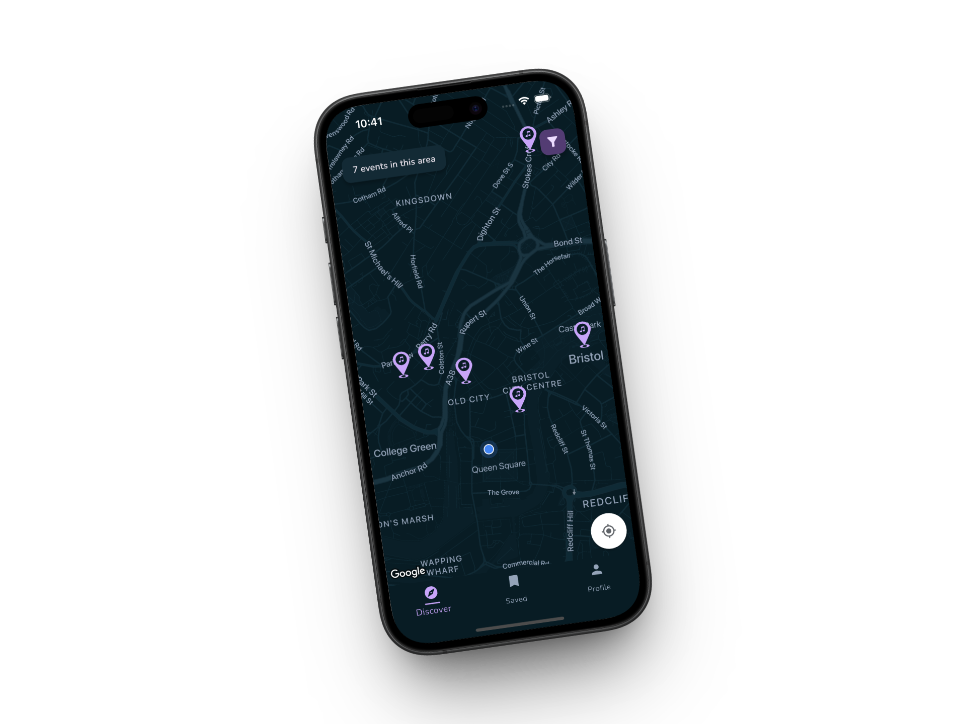 OninFive live map showing nearby gigs and event pins
