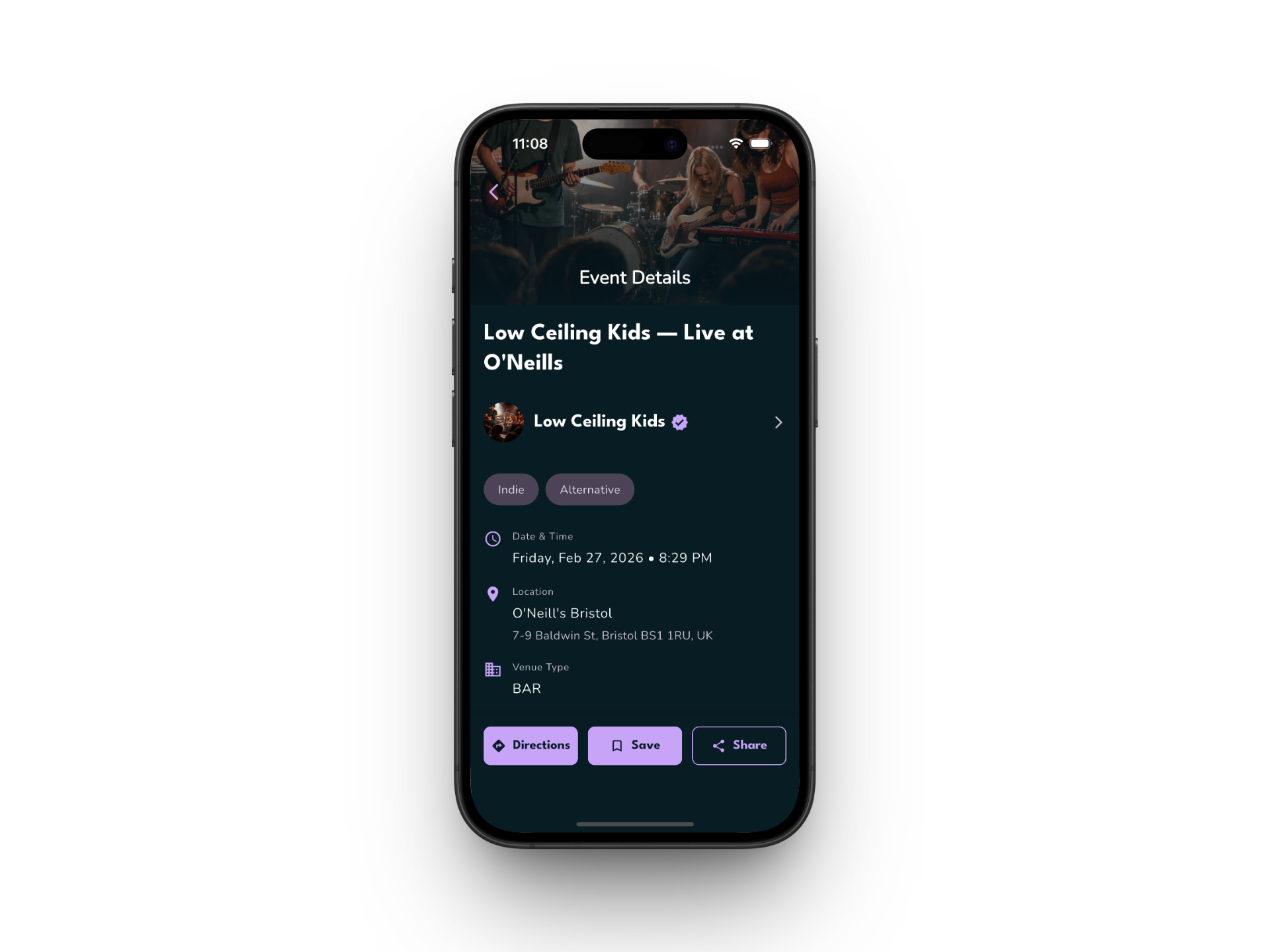 OninFive event detail view with lineup, venue info, and directions