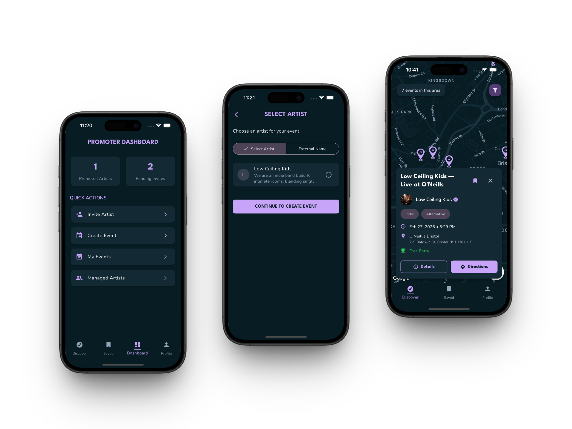 OninFive promoter features showcasing dashboard, artist management, and event publishing across multiple screens